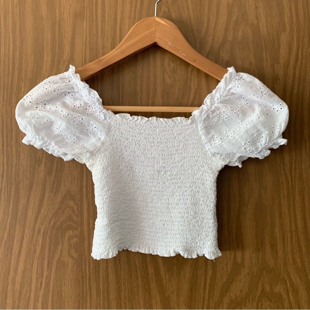 White Puff Sleeve Smocked Crop Top - Picture 3 of 4